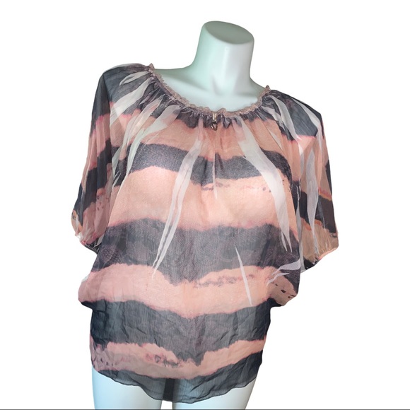Robin K Sheer Batwing Blouse Pink Black Striped Top Size M Flowy Boho Chic - Picture 7 of 13